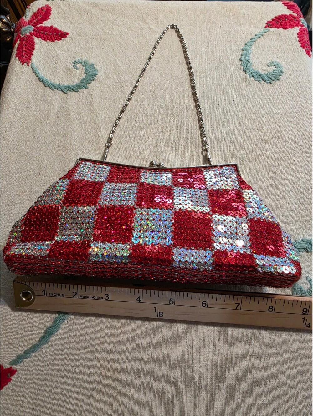 Red & Silver Sequin Checkerboard Evening Bag – Chain Strap